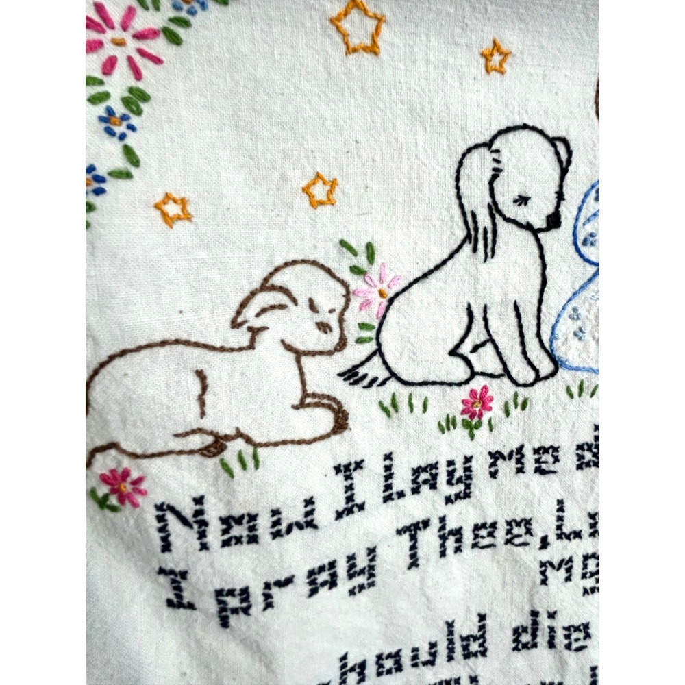 Vintage Hand Embroidered Now I Lay Me Down To Sleep Prayer Wall Hanging Nursery - Picture 7 of 12